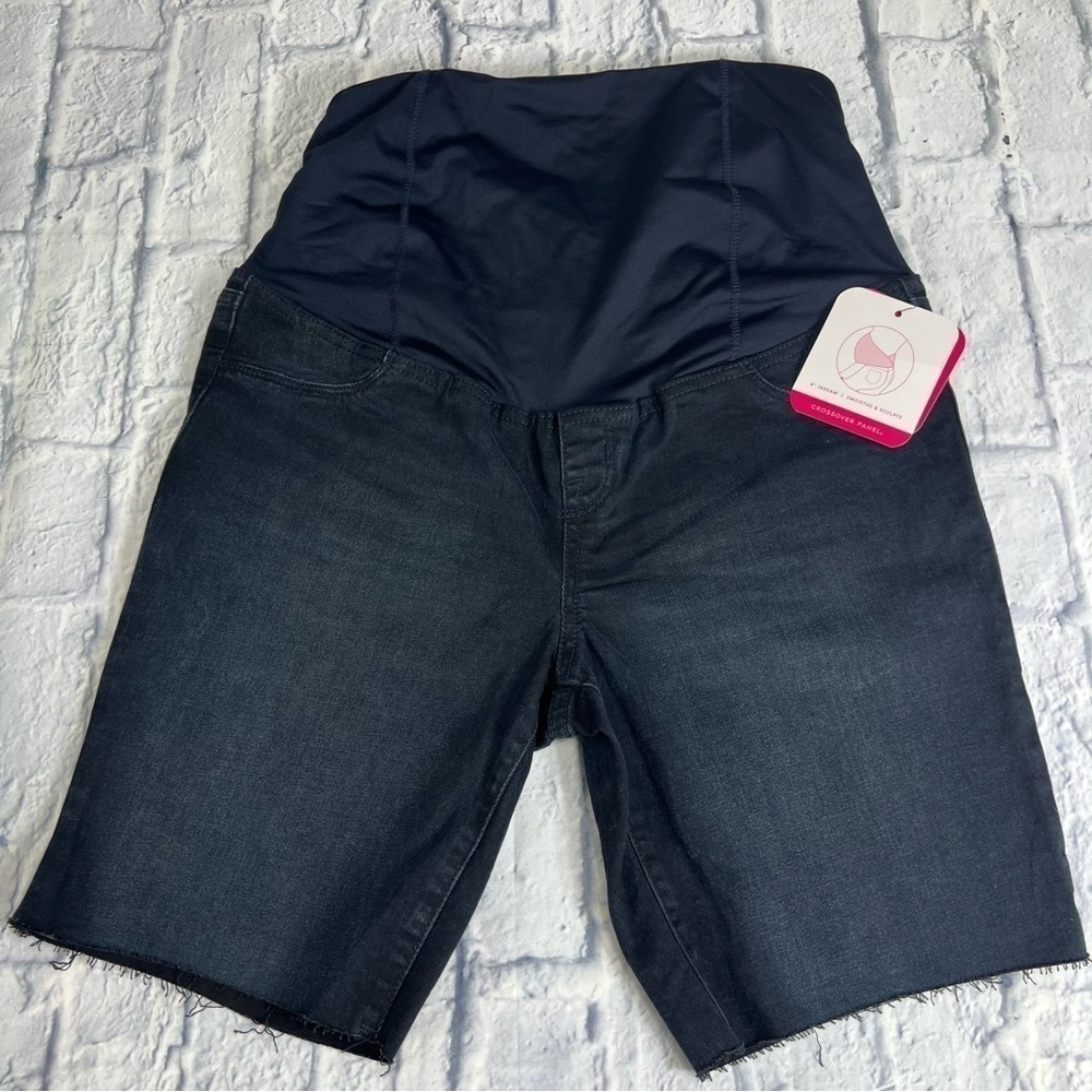 Isabel Maternity raw edge Bermuda Jean shorts crossover panel superstretch